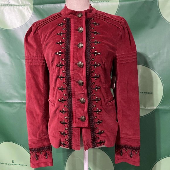 FREE PEOPLE crushed velvet heavyweight MILITARY style jacket in RIO RED sz S-NWT - Picture 1 of 15